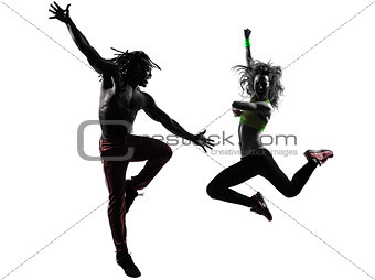 couple man and woman exercising fitness zumba dancing silhouette