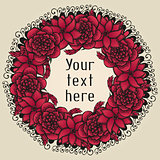 Round floral wreath like bouquet of red flowers in tattoo style
