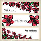 Set of horizontal banners with doodling flowers like narcissus in tattoo style