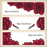 Banners with doodling flowers like roses in tattoo style