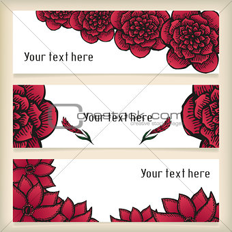 Banners with doodling flowers like roses in tattoo style