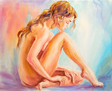 Beautiful woman at the morning. Oil painting.