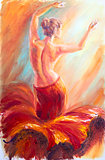 Beautiful dancing woman in red. Oil painting.