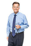 Handsome Smiling Male Doctor with Stethoscope on White