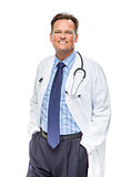 Smiling Male Doctor in Lab Coat with Stethoscope on White