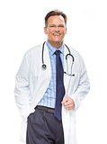 Smiling Male Doctor in Lab Coat with Stethoscope on White