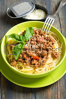 Bowl of spaghetti with bolognese sauce. 