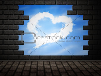 Heart of clouds in hole in brick wall