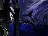 Illustration of night forest with full moon, castle and ravens