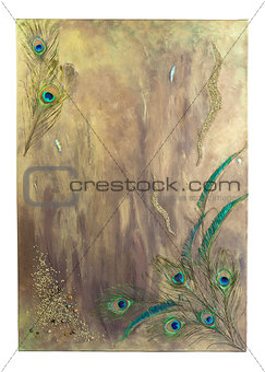 Abstract Painting with Peacock Feather and Beads