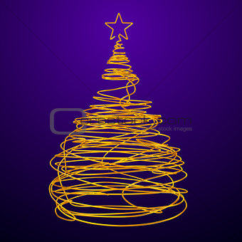 Christmas Tree Made Of Gold Wire. Violet Background.