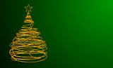 Christmas Tree Made Of Gold Wire. Green Background. Wide.