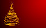 Christmas Tree Made Of Gold Wire. Red Background. Wide.
