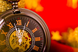 Christmas card. background with a clock and decorations. macro