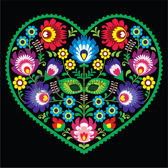 Polish folk art art heart with flowers - Wycinanki on black