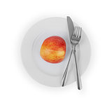 Red apple on white plate with knife and fork,