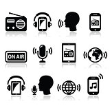 Radio, podcast app on smartphone and tablet icons set