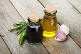 Olive oil and vinegar bottles with spices