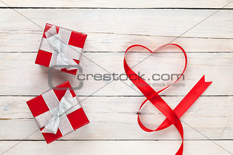 Valentines day heart shaped ribbon and gift boxes