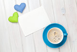 Valentines day toy heart, blank greeting card and coffee cup