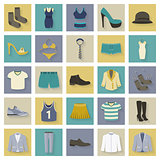 Clothing and shoes flat icons set with shadows