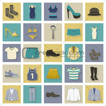 Clothing and shoes flat icons set with shadows