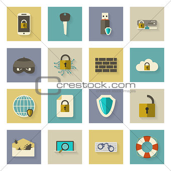 Cyber defense flat icons set with shadows