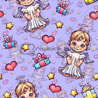 Vector seamless pattern with cartoon angels and gift boxes