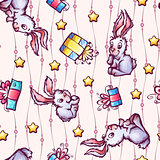 Vector seamless pattern with cartoon rabbits and gift boxes