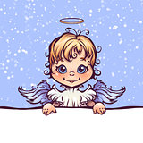 Vector illustration of cute angel with panel for text