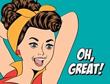 cute retro woman in comics style with message