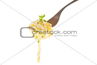 Spaghetti on fork.