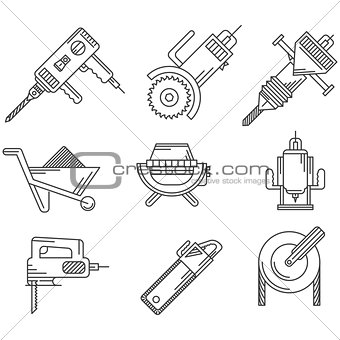 Black outline vector icons for construction equipment