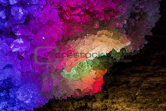 Illuminated rock crystal. Mlynky Cave, Ukraine