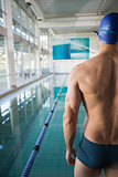 Rear view of shirtless swimmer by pool at leisure center