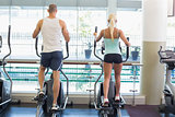 Rear view of couple working on x-trainers at gym