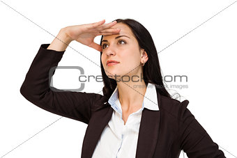 Pretty businesswoman looking with hand up