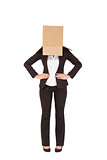 Businesswoman with box over head
