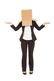 Businesswoman shrugging shoulders with box over head