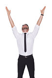 Smiling businessman cheering with his hands up