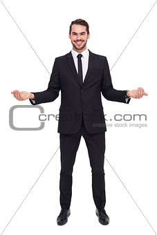 Happy businessman with his open hands