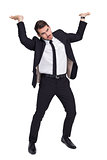 Businessman in suit lifting up something heavy