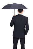 Rear view of businessman sheltering with umbrella