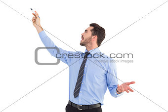 Happy businessman pointing something with marker