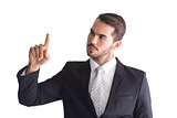 Thoughtful businessman pointing something with his finger