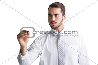 Cheerful businessman writing with marker