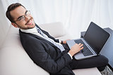 Smiling businessman using laptop on his couch