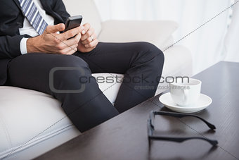 Businessman sending a text on the couch