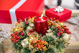 Candle and wreath on table for christmas