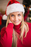 Portrait of pretty woman in santa hat smiling